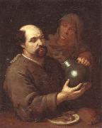 unknow artist A man seated at a table holding a flagon,a servant offering him a glass of wine Sweden oil painting artist